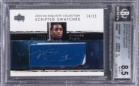 2003-04 UD "Exquisite Collection" Scripted Swatches #TM Tracy McGrady Signed Game Used Patch Card (#14/25) – BGS NM-MT+ 8.5/BGS 9
